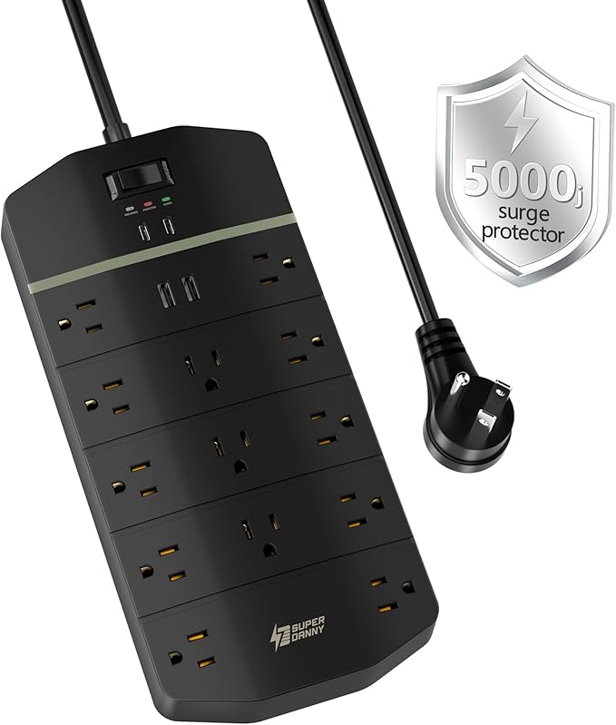 Power Strip,SUPERDANNY 5000 Joules Surge Protector with 13 AC Outlets 2 USB-A & 2 USB-C PD 20W Fast Charging Heavy Duty 14AWG/3C Industrial Grade Extension Cord for Workbench Home Office Black