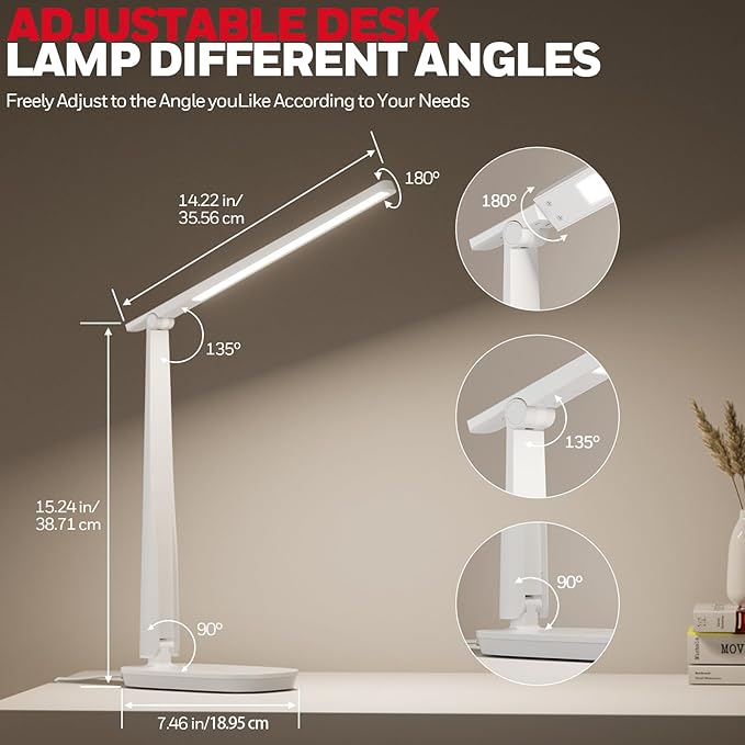 HONEYWELL Desk Lamp for Home Office, Dimmable LED Desk Light with USB A+C Dual Charging, 4 Modes Brightness Touch Lamp with Timer, Eye Caring Foldable Reading Light, Table Lamp for Study Nightstand