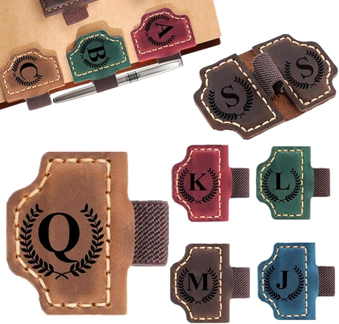 Custom Bookmark with Pen Holder with 26 Letters Personalized Magnetic Leather Book Mark, Customized Name Book Marker Clip with Initial for Men Women, Gifts for Book Lovers, Readers, (Brown, Q)