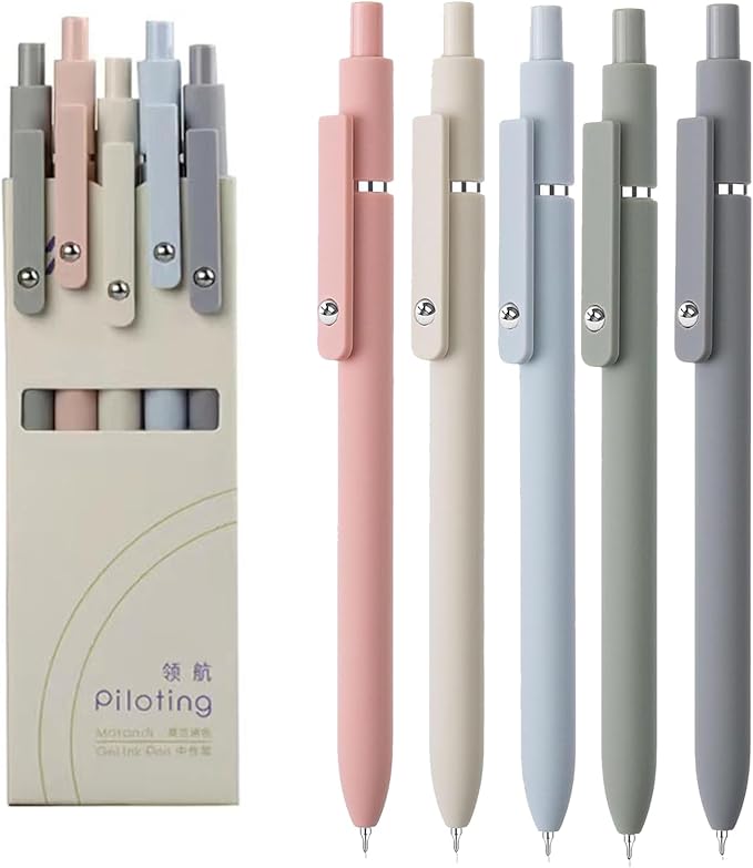 5pcs Gel Pens (0.5mm Tip), Retractable Quick Dry Black Ink Pens Fine Point Premium Cute Rolling Ball Smooth Writing Aesthetic Pens Comfort Grip for School Office Supplies (Morandi)