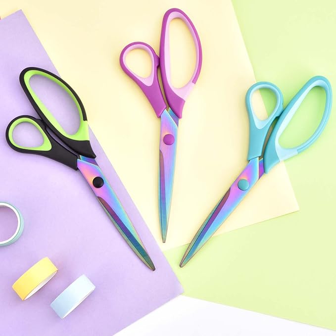 8.5" Scissors All Purpose, Multipurpose Office Scissors Set of 3 pack, Sharp Titanium Coating Blade and Soft Comfort-Grip Sturdy Scissors for Fabric School Craft Sewing Home, Right/Left Handed