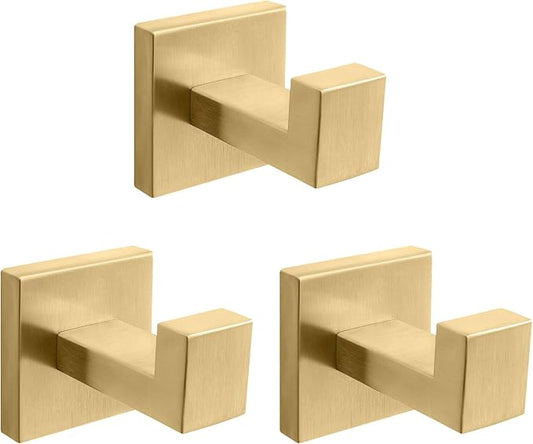 NearMoon Bath Towel Hooks -SUS304 Stainless Steel Square Clothes Robe Hooks Hanger, Heavy Duty Coat Hooks for Bathroom Livingroom Hotel Kitchen Garage, Wall Mounted (3 Pack, Chrome Gold)