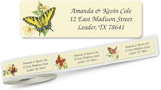 Butterflies Rolled Personalized Return Address Mailing Labels with Dispenser, Set of 250, 5 Designs, Small ¾ x 2½ Inch Size, Custom Self-Adhesive Sticker Roll, by Colorful Images