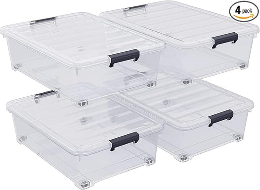 4-Pack 25L Plastic Under Bed Storage Organizer Bin Container with Latch Lids and Wheels, Clothes Storage Box Rolling Underbed, Clear