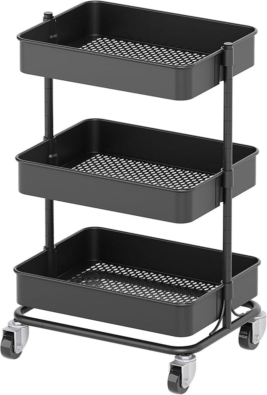3 Tier Modern Metal Rolling Tool Cart with Silent Casters, 15.35x11.81x23.74 inch Heavy Duty Organization Truck Trolley Organizer for Office, Living Room, Kitchen, (Black)