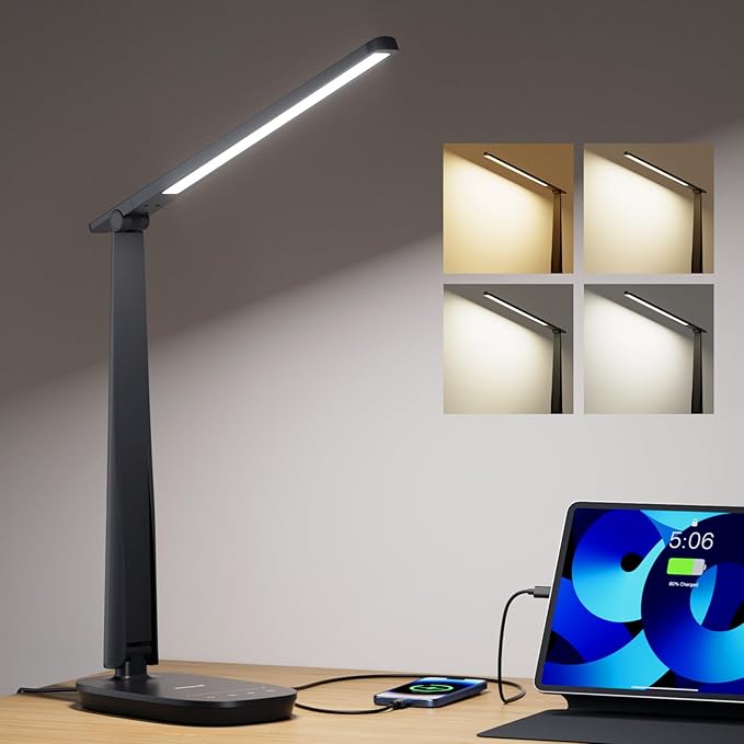 HONEYWELL Desk Lamp for Home Office, Dimmable LED Desk Light with USB A+C Dual Charging, 4 Modes Brightness Touch Lamp with Timer, Eye Caring Foldable Reading Light, Table Lamp for Study Nightstand