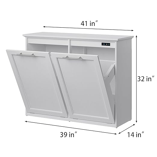OLD CAPTAIN Tilt Out Trash Cabinet with Quick Installation and Deodorising Function, Wooden Freestanding Trash Can Cabinet Holds Up to 2x13 Gallons Capacity for Kitchen and Dining Room, White