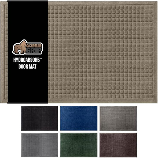 GORILLA GRIP Front Door Mat, 35x23, Indoor Outdoor Ultra Absorbent HydroAbsorb Doormat, Absorbs Up to 5.7 Cups of Water, Stain and Fade Resistant, Rubber Backing Doormats, Captures Dirt, Beige