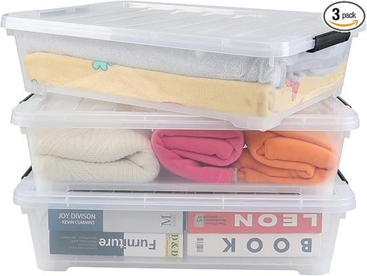 3 Packs 40 Quart Large Under Bed Storage Box, Wheeled Under Bed Storage Containers, Clear