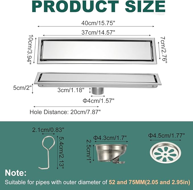 uxcell Rectangular Shower Drain, Brushed 304 Stainless Steel Odor-Proof Floor Drain Linear Shower Drain Hair Catcher for Bathroom Kitchen and Laundry Room(16 Inch, Brushed Silver)
