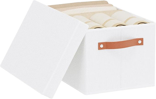 Fabric Storage Bins, Clothes Boxes for Shelves with Lids, Baskets for Organizing with Handles, Decorative Linen Closet Organizers, White, 1 Pack, 15 x 9.8 x 8.3 Inch