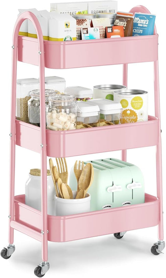 EAGMAK 3 Tier Utility Rolling Cart, Metal Storage Cart with Handle and Lockable Wheels, Multifunctional Storage Organizer Trolley with Mesh Baskets for Kitchen, Living Room, Office, Garage (Pink)