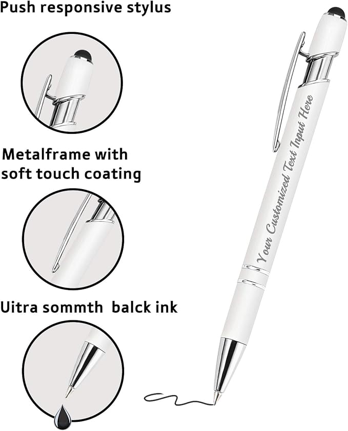 Up to 200 Pcs Personalized Ballpoint Pen Custom Pens Free Engraved Bulk with Name Logo Soft Black Ink Stylus with Touch Metal Office Gift for Anniversaries Graduations Birthdays