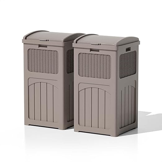 Patiowell 36 Gallon Outdoor Trash Can, Resin Outdoor Garbage Can with Lid for Patio, Backyard, Deck, Light Brown （2 Pack）