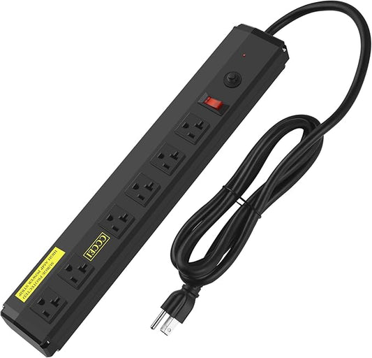 CCCEI Heavy Duty Power Strip Surge Protector 20 Amp, High Amp Industrial Shop Garage Metal Multiple Outlets, 6 FT 12 Gauge 5-15P Extension Cord 6 Outlet 6-20R T-Slot 20a for Appliance. Black.