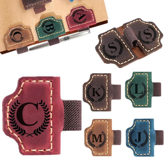 Custom Bookmark with Pen Holder with 26 Letters Personalized Magnetic Leather Book Mark, Customized Name Book Marker Clip with Initial for Men Women, Gifts for Book Lovers, Readers, (Red, C)