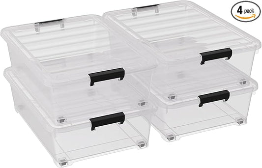 25 Quart Under Bed Clear Latch Bin with Wheel, Plastic Under Bed Storage Box, 4 Pack