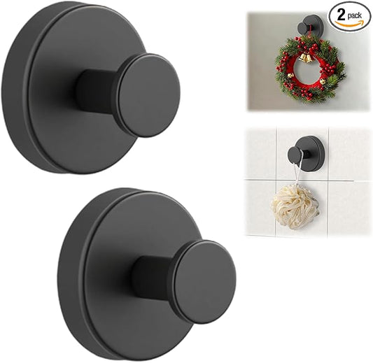 Suction Cup Hooks for Wreaths on Glass, No-Drill Suction Cup Hooks, Wreath Hangers for Front Doors, Metal Towel Hooks for Showers Bathrooms Mirrors (2Pcs Black)