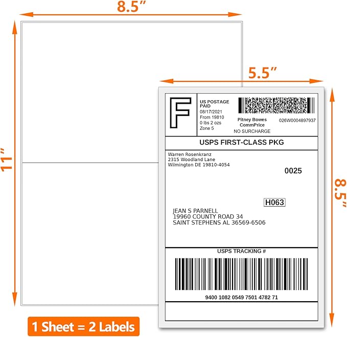 2000 Labels 8.5x5.5 Half Sheet Laser/Ink Jet Shipping Labels Mailing Blank Labels