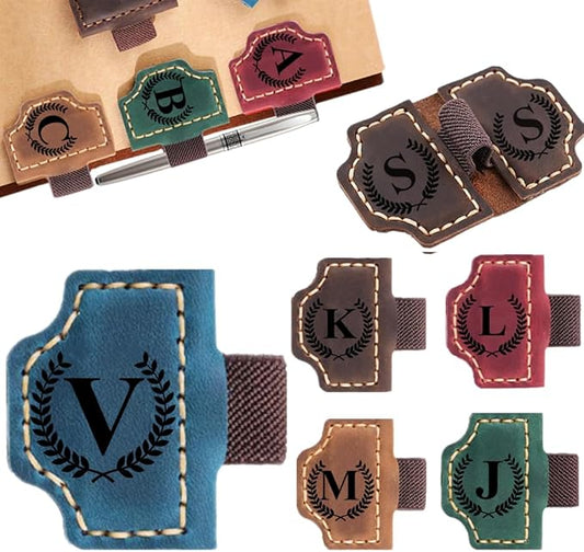 Custom Bookmark with Pen Holder with 26 Letters Personalized Magnetic Leather Book Mark, Customized Name Book Marker Clip with Initial for Men Women, Gifts for Book Lovers, Readers, (Blue, V)