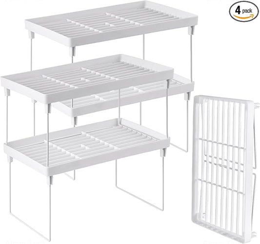 NiHome 4-Pack Stackable Plastic Kitchen Storage Shelf Foldable Rack - White Kitchen Cabinet Organizer and Storage Shelves Stackable Expandable Storage Racks for Counter Cabinet Pantry
