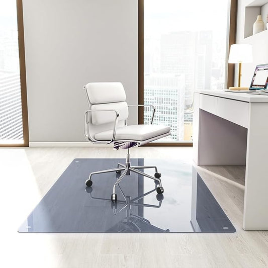 [Tempered Glass] 46" x 55" Glass Chair Mat, Heavy Duty Hard Tempered Glass Mat with Round Corner and Polished Edge, Transparent Glass Office Chair Mat for Office and Home Hard Floor or Carpeted, Grey