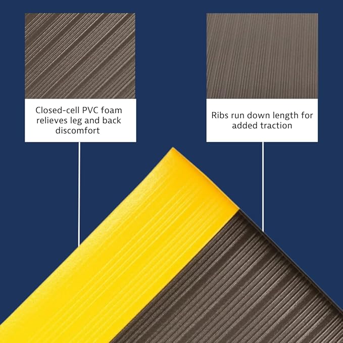 Notrax 410 Airug® 3' x 12' x 5/8" Anti Fatigue Mat, Enhanced Slip Resistance with Beveled Edges and Ribbed Surface, Ideal for Industrial and Commercial Workplaces, Black/Yellow, 410S5312BY