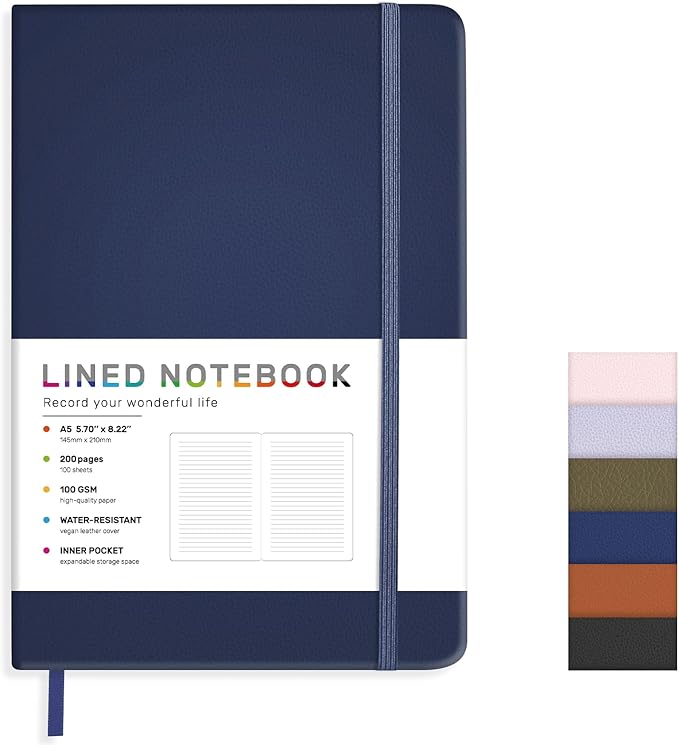 Lined Journal Notebook for Women Men, 200 Pages A5 Hardcover Leather Journals for Writing,Travel,School,Office,Work,Business,College Ruled Notebooks for Note Taking, Diary Notepad 5.7"×8.3"(Blue)