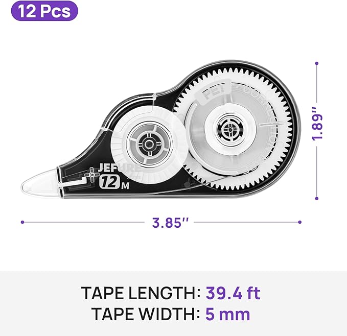 12 Pcs Correction Tape, 39.37 Ft White Wrong Out Tear-Resistant Bulk, Instant Corrections Easy to Use Applicator for School, Office, Note Taking, Journal (Tape Width 0.2 in，Clear)