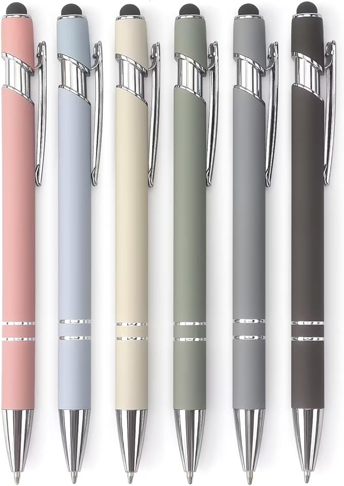 Bribobo Ballpoint Pen 2-in-1 Stylus Retractable Ballpoint Pen with Stylus tip, Metal Stylus Pen for Touch Screens, 1.0 mm Black Ink (Pastel Color) 6 Pack