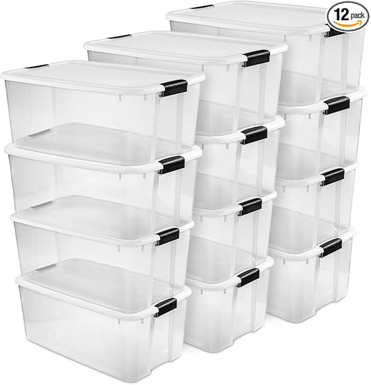 Sterilite 12-Pack Ultra Latching Box, Storage Bins with Lids, Clear Plastic, 116 Quart - Heavy-Duty Organizing Containers for Closet, Bathroom, and Office