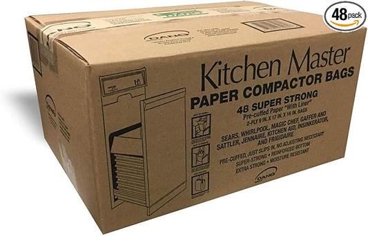 Kitchen Master Super Strong Compactor Bags (48 Pack) | Precuffed, Garbage Compactor Bags, Hardware for Kitchens, Paper Trash Bag, Kitchen Essential, Paper & Plastic Lined