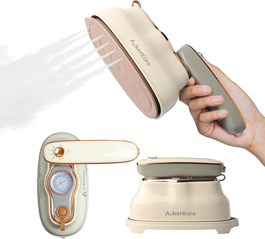 Travel Steamer for Clothes,1200W Portable Handheld Mini Garment Steamers,Steamer ＆ Iron 2 In 1,Large Ceramic Heat Panel,200ml Water Tank,20s Heat Up,Beige,110V-120V