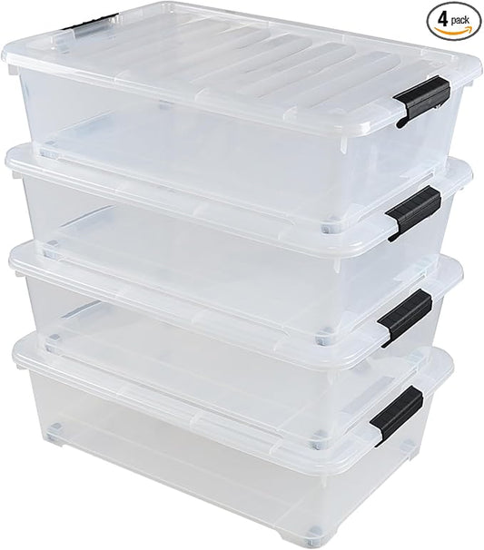 25 L Plastic Sturdy Rolling Under Bed Storage Container Bins, Clear Underbed Storage with Latching Lid and Wheels, 4 Packs
