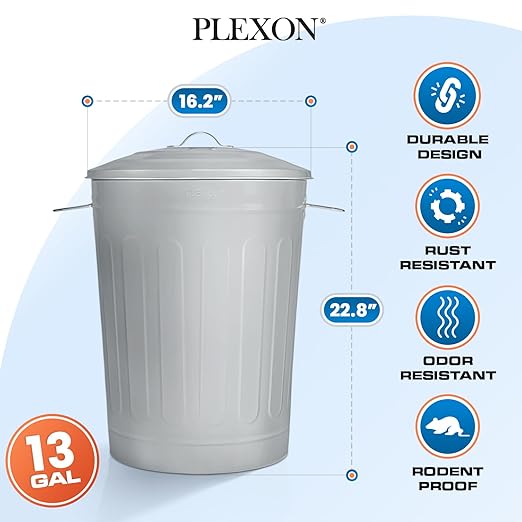 Plexon Round Trash Can 13 Gallon, Vintage Metal Outdoor Trash Can with Lid, Retro Farmhouse Garbage Container, Old School Modern Ash Bucket, Gray 2 Pack