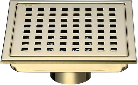 RANDOM Brushed Gold Shower Drain Square 6 Inch Shower Floor Drain with Grid Grate & Removable Hair Strainer 304 Stainless Steel Shower Drain Cover Bathroom Accessories.98738BG