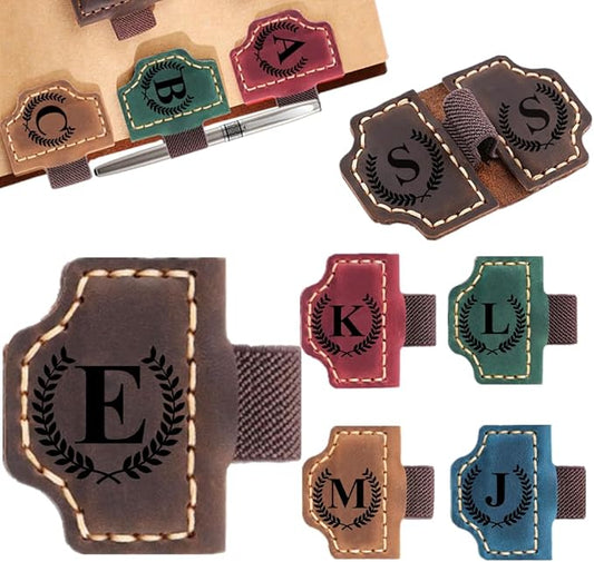 Custom Bookmark with Pen Holder with 26 Letters Personalized Magnetic Leather Book Mark, Customized Name Book Marker Clip with Initial for Men Women, Gifts for Book Lovers, Readers, (Coffee, E)