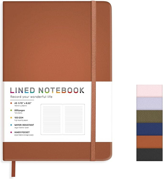 Lined Journal Notebook for Women Men, 200 Pages A5 Hardcover Leather Journals for Writing,Travel,School,Office,Work,Business,College Ruled Notebooks for Note Taking, Diary Notepad 5.7"×8.3"(Brown)