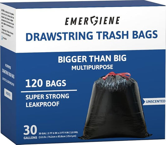 Ultra Strong 30 Gallon Drawstring Trash Bags, Unscented 120 Count Garbage Bags, Pre-Separated, Recycled Materials, Heavy Duty, Leakproof, Sturdy, Black