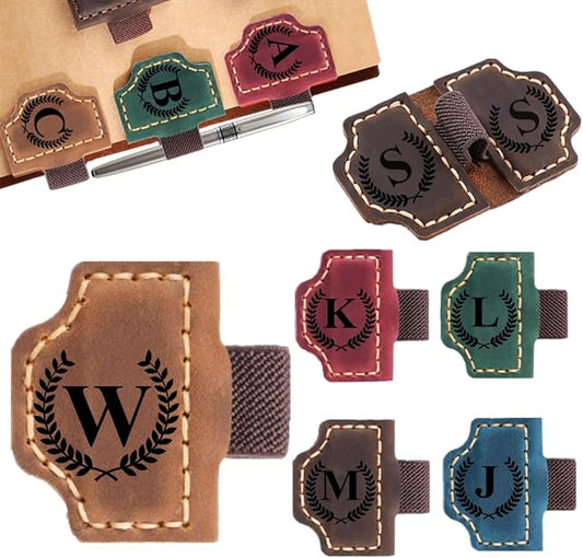 Custom Bookmark with Pen Holder with 26 Letters Personalized Magnetic Leather Book Mark, Customized Name Book Marker Clip with Initial for Men Women, Gifts for Book Lovers, Readers, (Brown, W)