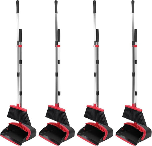 NACENA Broom and Dustpan Set, 52-in Long Adjustable Handle Broom Dustpan Combo with Dustpan Teeth to Automatically Clean Hair Suitable for Home Kitchen Office Hall Floor (Black&Red), 4 Pack