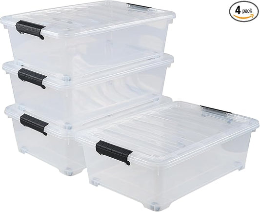 4 Pack 20 L Plastic Under Bed Storage Box with Lid, Clear Plastic Storage Bins Under Bed with Wheels