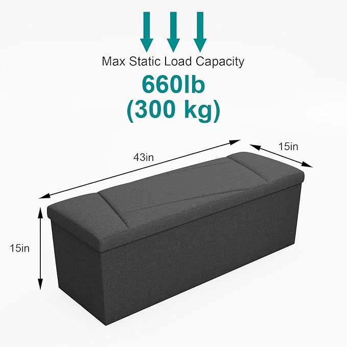 Ottoman with Storage, 43 Inches Folding Storage Ottoman Bench for Bedroom, End of Bed Bench, Entryway and Living Room, 43"x15"x15",Dark Gray