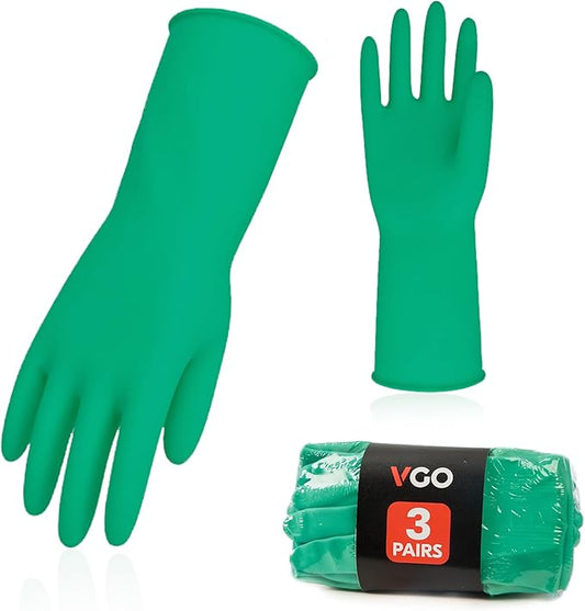 Vgo... 3-Pairs Reusable Household Gloves, Rubber Dishwashing gloves, Extra Thickness, Long Sleeves, Kitchen Cleaning, Working, Painting, Gardening, Pet Care (Size L, Green, HH4601)