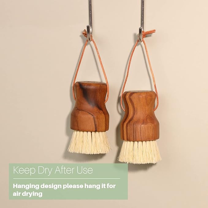 Teak Dish Scrub Brush 3PCS by HTB, Good Grip Small Wooden Dish Brush with Teak Handle & Sisal Bristles for Kitchen, Wood Cleaning Scrubbers Set for Washing Pan/Pot/Vegetable/Fruit