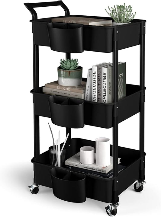 3-Tier Utility Rolling Cart,Mobile Utility Cart with Lockable Caster Wheels,Storage Shelves Organizer Cart, 3 Hanging Baskets, Easy Assembly,for Bathroom, Kitchen, Office, Workshop