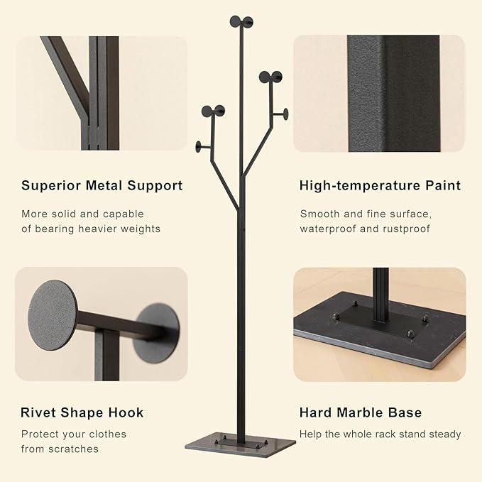 Freestanding Coat Rack Tree-shaped Metal Coat Tree with Heavy Duty Marble Base Corner Clothing Rack for Bedroom Entryway Hallway 14.96 x 10.24 x 68.9 Inches (Black)