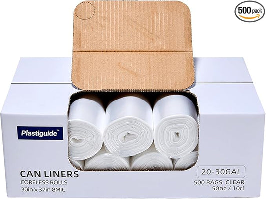 20-30 Gallon Trash Can Liners, 500 Count High Density Garbage Bags, 30'' x 37'', Clear, for Outdoor, Bathroom, Office, Recycling, Janitoria, Commercial and Industrial Use
