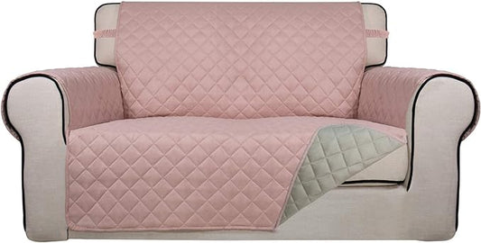 PureFit Reversible Quilted Sofa Cover, Water Resistant Slipcover Furniture Protector, Washable Couch Cover with Non Slip and Elastic Straps for Kids, Dogs, Pets (Loveseat, Pink/Beige)