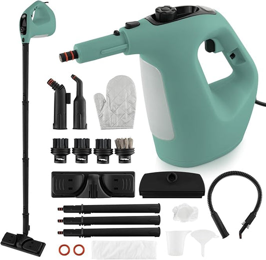 COSTWAY Handheld MultiPurpose Steam Cleaner with 17 Pieces, 350ml Large Capacity Steam Mop Continuous Fill water, Portable Chemical-Free Steamer for Home Use, Floors, Windows, 1400W, Green